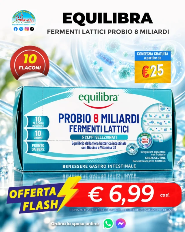 🔥 OFFERTA FLASH EQUILIBRA
Due proposte dedicate al benessere quotidiano, ora a un prezzo ancora più conveniente:
🔵 Probio 8 Miliardi – 10 flaconi
🔴 Omega 3-6 – 32 capsule

Un’offerta da prendere al volo, valida fino ad esaurimento scorte o variazione prezzo.

✅ Consegna a domicilio GRATUITA - a partire da 25€
✅ Ordina su WHATSAPP ▶ 347 060 8654

📌I punti vendita Amato Point sono aperti con orario continuato dalle 8:30 alle 20:00 dal lunedì al sabato.
#AmatoPoint #Equilibra #OffertaFlash #Integratori #Benessere