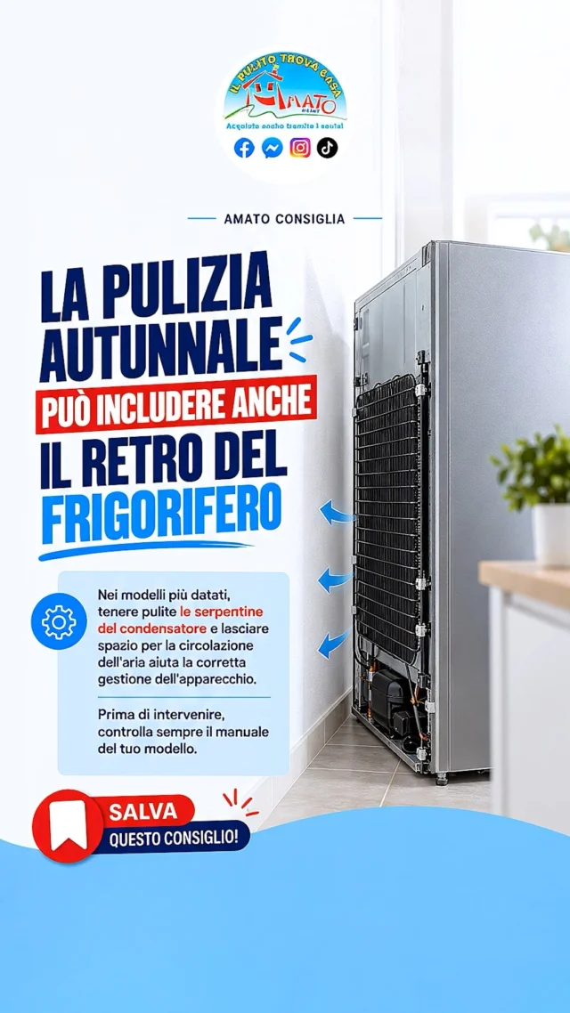 🧽 La pulizia autunnale può includere anche il retro del frigorifero. 🍂

Nei modelli più datati, tenere pulite le serpentine del condensatore e lasciare spazio per la circolazione dell’aria aiuta la corretta gestione dell’apparecchio. Prima di intervenire, controlla sempre il manuale del tuo modello.

Salva il consiglio! 🧼✨
#PulizieDiCasa #ConsigliPerLaCasa #CasaPulita #HomeCare