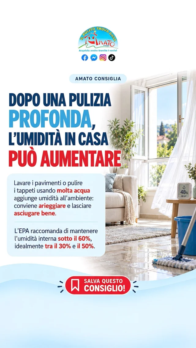 Hai appena lavato i pavimenti o pulito i tappeti? Attenzione all’umidità che resta in casa!

Usare molta acqua durante le pulizie può aumentare l’umidità negli ambienti. Per questo è importante arieggiare bene le stanze e lasciare asciugare completamente le superfici.

Un piccolo accorgimento per una casa più sana!

Salva il consiglio per le prossime pulizie.

#AmatoConsiglia #ConsigliPerLaCasa #PulizieDiCasa #UmiditàInCasa