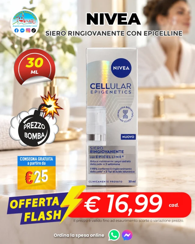 💙 Il prossimo acquisto? Un momento per te.
Nivea Cellular Epigenetics, siero viso con Epicelline da 30 ml a 16,99 €.
La tua beauty routine ti aspetta! ✨

✅ Consegna a domicilio GRATUITA - a partire da 25€
✅ Ordina su WHATSAPP ▶ 347 060 8654

📌I punti vendita Amato Point sono aperti con orario continuato dalle 8:30 alle 20:00 dal lunedì al sabato.
#Nivea #Skincare #SkincareRoutine #SieroViso #BeautyRoutine