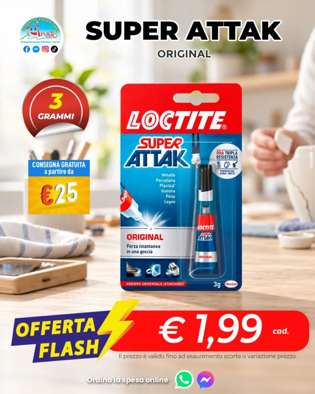 ⚡ Si è rotto? Non è ancora da buttare!
Super Attak Original 3 g a 1,99 €: un piccolo alleato per le riparazioni di ogni giorno. 🔧

✅ Consegna a domicilio GRATUITA - a partire da 25€
✅ Ordina su WHATSAPP ▶ 347 060 8654

📌I punti vendita Amato Point sono aperti con orario continuato dalle 8:30 alle 20:00 dal lunedì al sabato.
#SuperAttak #Loctite #FaiDaTe #Bricolage #DIY