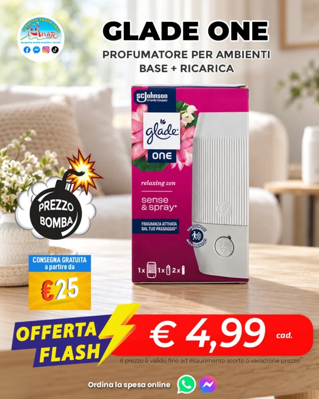 ✨ Entri in casa e… wow, che profumo!
Glade One base + ricarica a 4,99 €

Dai alla tua casa un’accoglienza che si sente. 🌸

✅ Consegna a domicilio GRATUITA - a partire da 25€
✅ Ordina su WHATSAPP ▶ 347 060 8654

📌I punti vendita Amato Point sono aperti con orario continuato dalle 8:30 alle 20:00 dal lunedì al sabato.
#Glade #HomeFragrance #CasaProfumata #ProfumatoriAmbiente #ProfumiPerLaCasa